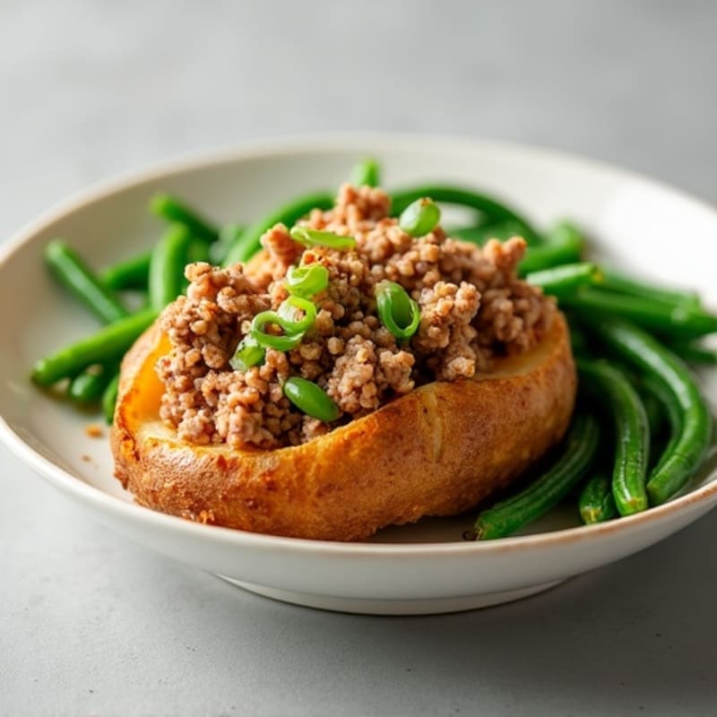 Crispy Baked Potato with Lean Ground Turkey and Steamed Green Beans