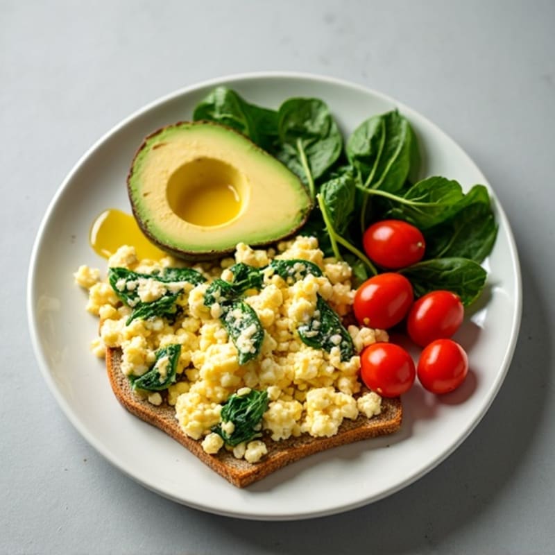 Cottage Cheese Egg White Scramble with Spinach and Cherry Tomatoes
