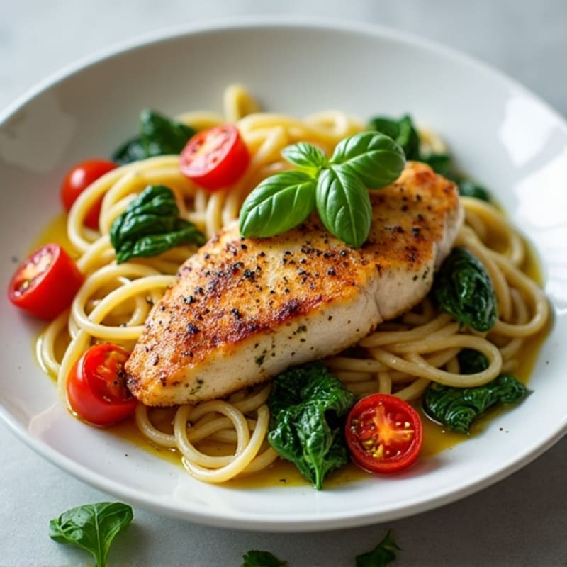 Pan-Seared Chicken Pesto Pasta with Roasted Cherry Tomatoes and Fresh Spinach