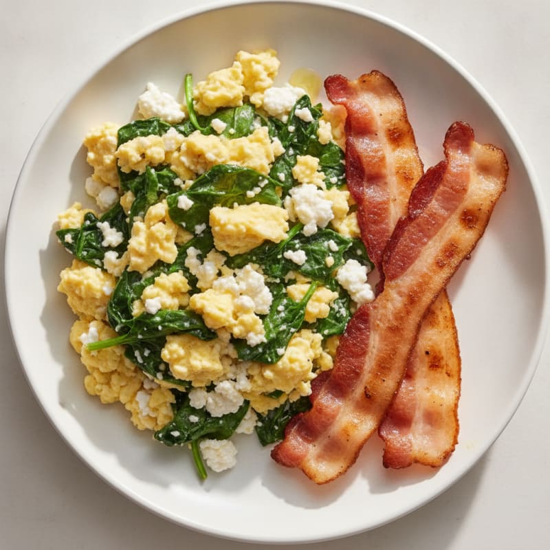 Cottage Cheese Egg Scramble with Spinach and Turkey Bacon