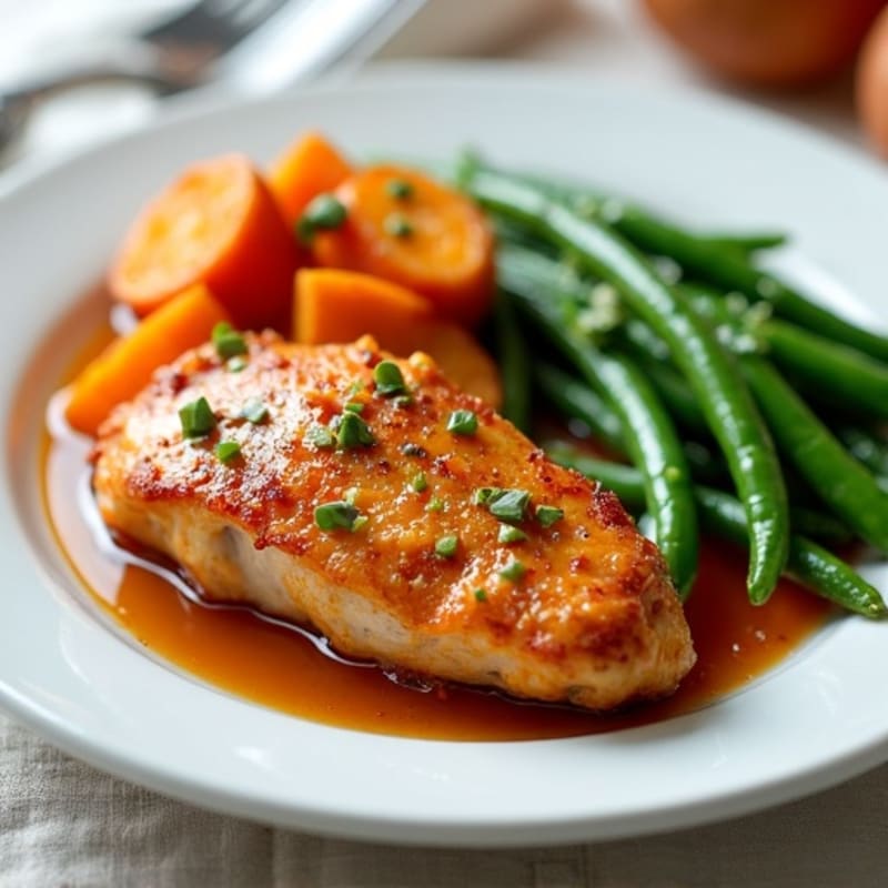 Crispy Honey-Garlic Chicken with Roasted Sweet Potatoes and Green Beans