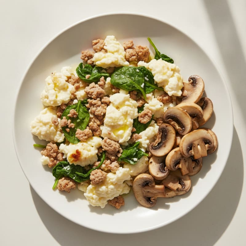 Egg White and Turkey Spinach Scramble with Sautéed Mushrooms