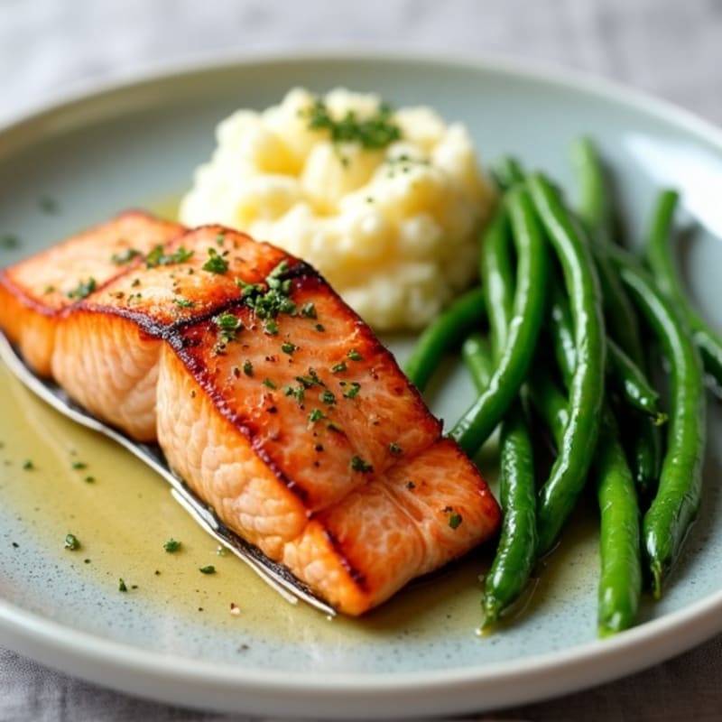 Seared Salmon with Garlic Green Beans and Mashed Cauliflower