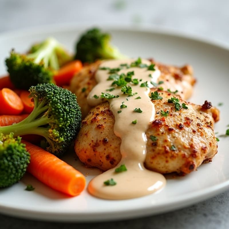 Herb-Roasted Chicken with Crispy Roasted Vegetables and Creamy Chipotle Sauce