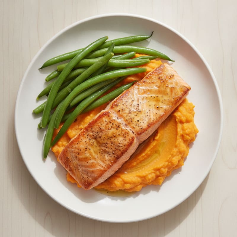 Seared Salmon Fillet with Steamed Green Beans and Sweet Potato Mash