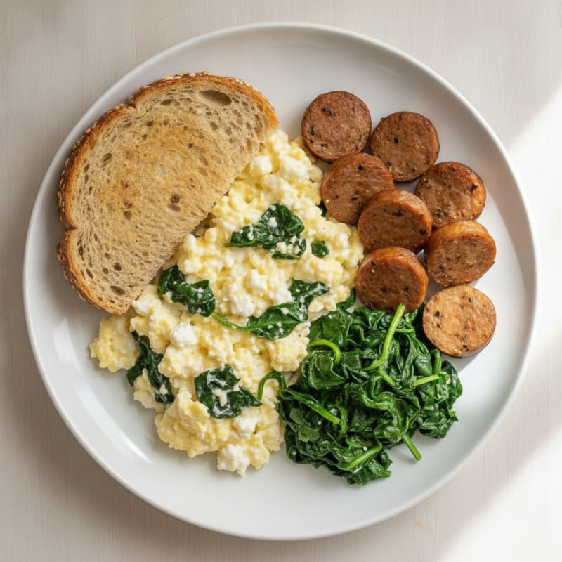 Cottage Cheese Scramble with Sautéed Spinach and Turkey Sausage