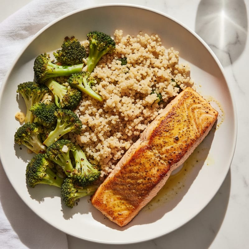 Seared Salmon with Garlic Broccoli and Quinoa
