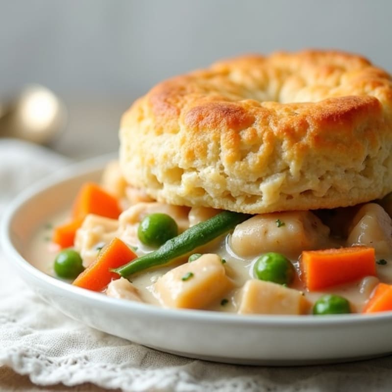 Creamy Chicken and Vegetable Pot Pie with Fluffy Biscuit Topping