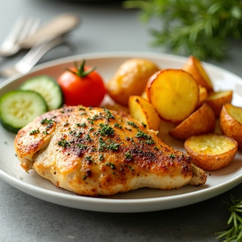 Lemon Herb Roasted Chicken with Crispy Potatoes and Fresh Cucumber Tomato Salad