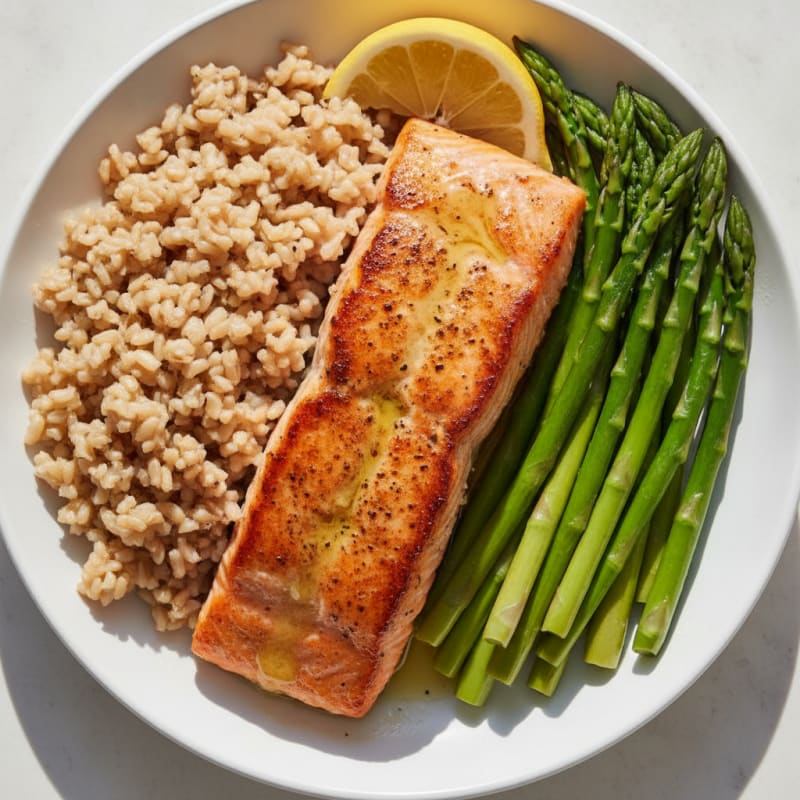 Seared Salmon with Steamed Asparagus and Brown Rice