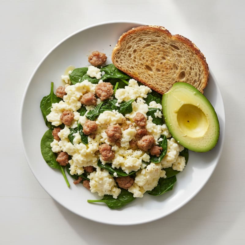 Egg White and Turkey Sausage Scramble with Sautéed Spinach