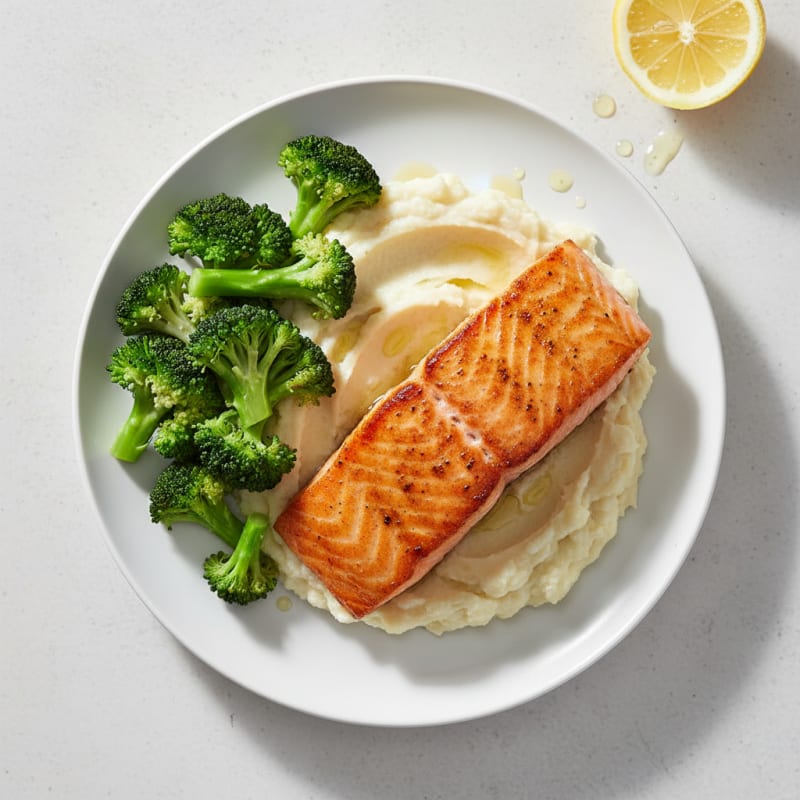 Seared Salmon with Steamed Broccoli and Garlic Cauliflower Mash