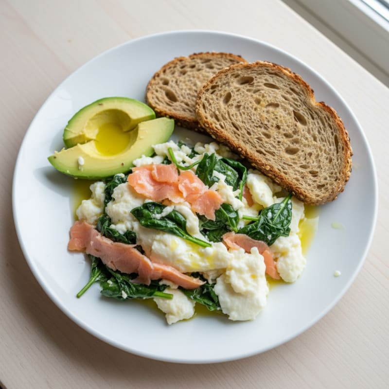 Smoked Salmon Egg White Scramble with Baby Spinach