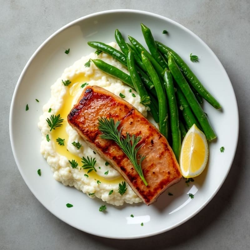 Seared Tuna Steak with Herb-Cauliflower Mash and Green Beans