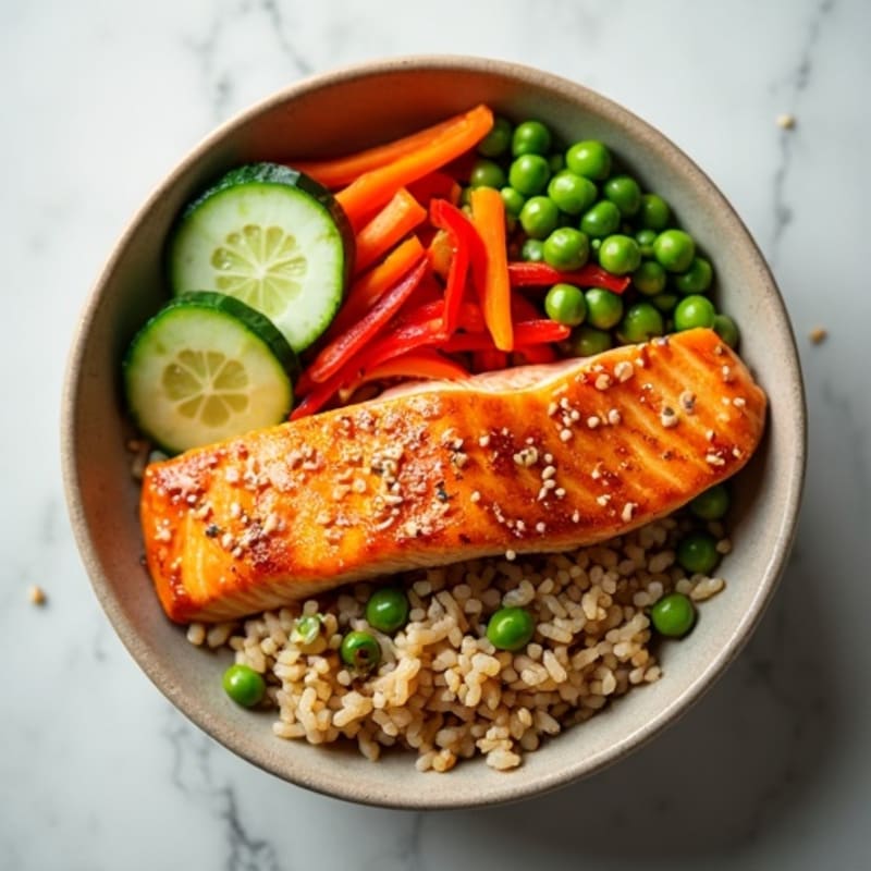Sesame Ginger Salmon Rice Bowl with Crunchy Veggies