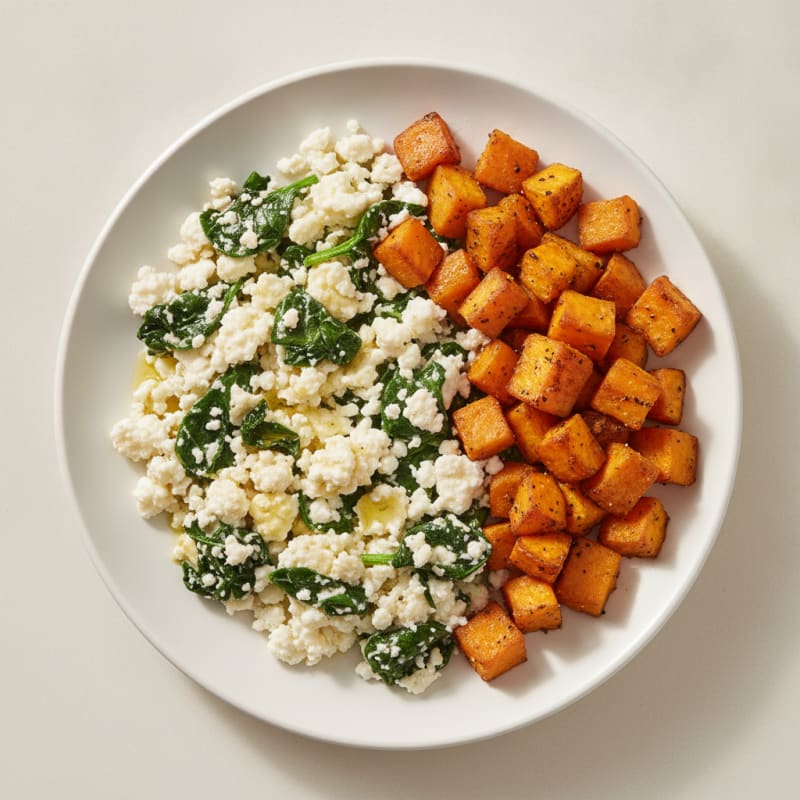 Egg White and Cottage Cheese Scramble with Spinach and Roasted Sweet Potato