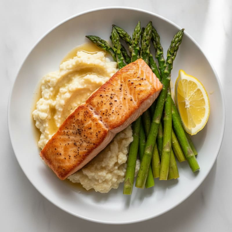 Seared Salmon with Roasted Asparagus and Cauliflower Mash