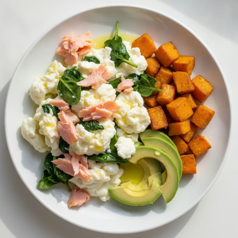 Smoked Salmon and Egg White Scramble with Roasted Sweet Potato