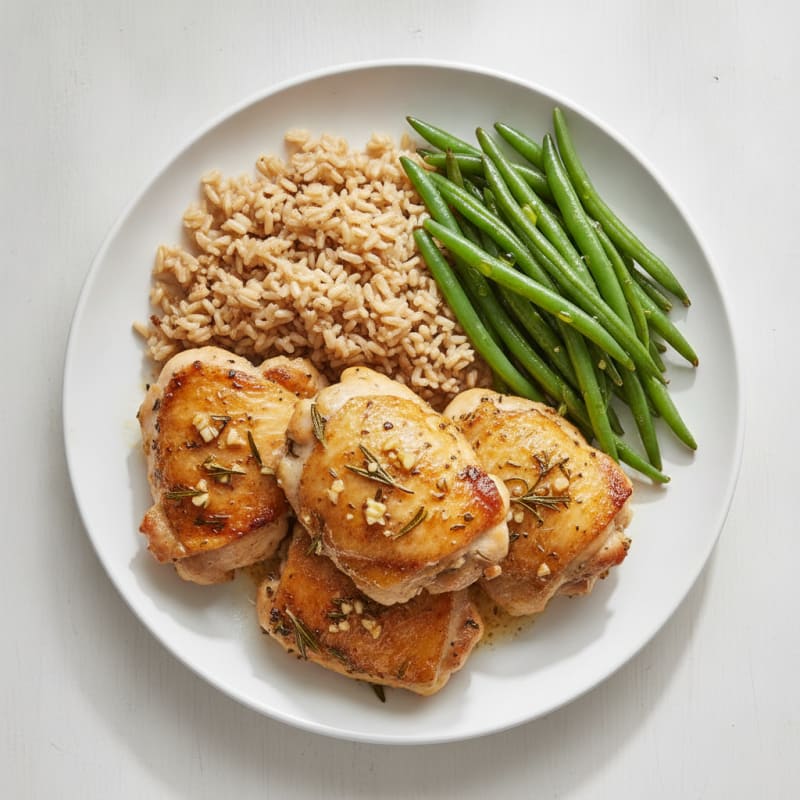 Baked Herb Chicken Thighs with Steamed Green Beans and Brown Rice