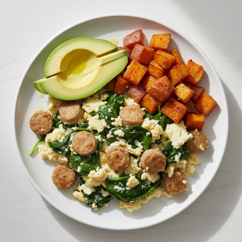 Egg White and Turkey Sausage Scramble with Sautéed Spinach