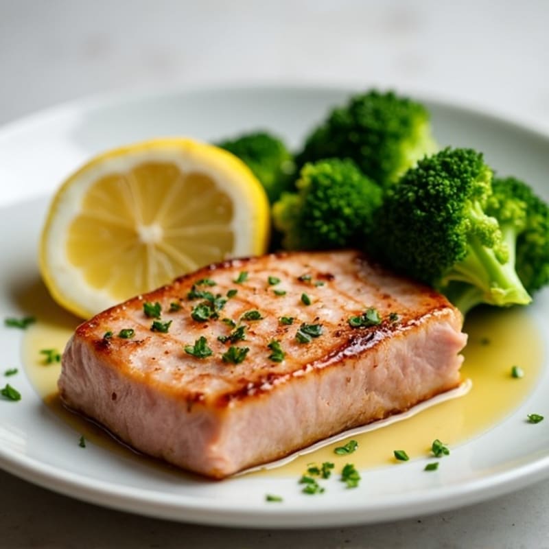 Seared Tuna Steak with Steamed Broccoli and Lemon