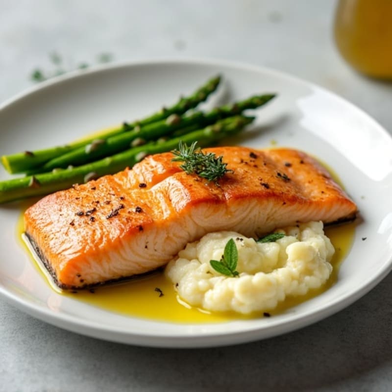 Seared Salmon with Steamed Asparagus and Cauliflower Mash