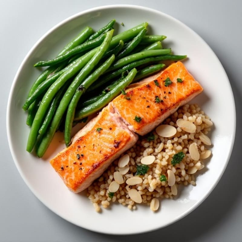 Seared Salmon Fillet with Garlic Green Beans and Brown Rice