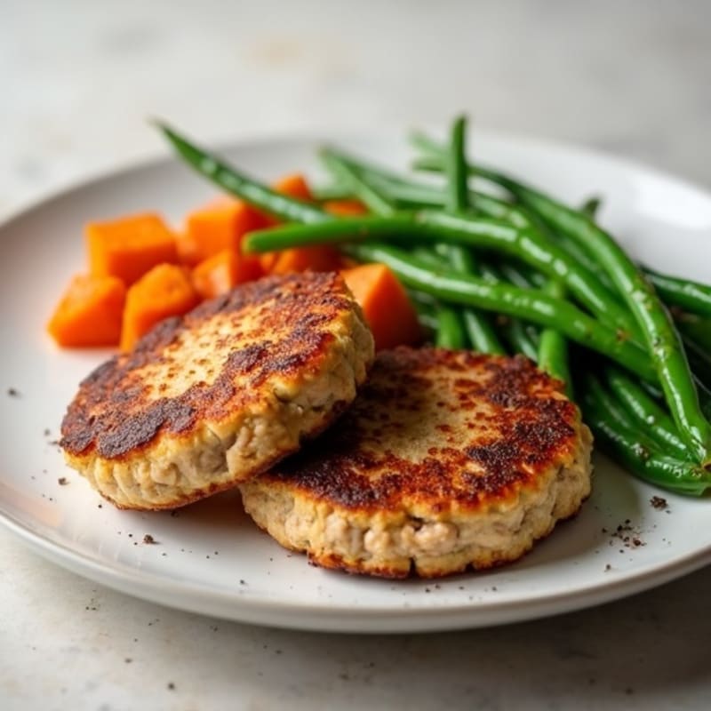 Lean Turkey Patties with Roasted Sweet Potatoes and Green Beans