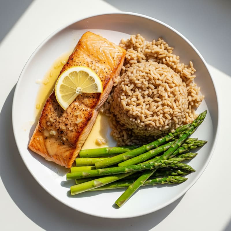 Seared Salmon with Steamed Asparagus and Brown Rice