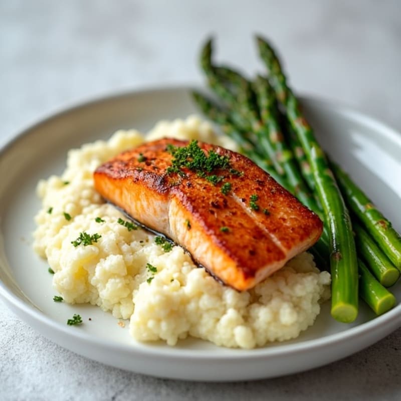 Seared Salmon with Roasted Asparagus and Cauliflower Mash