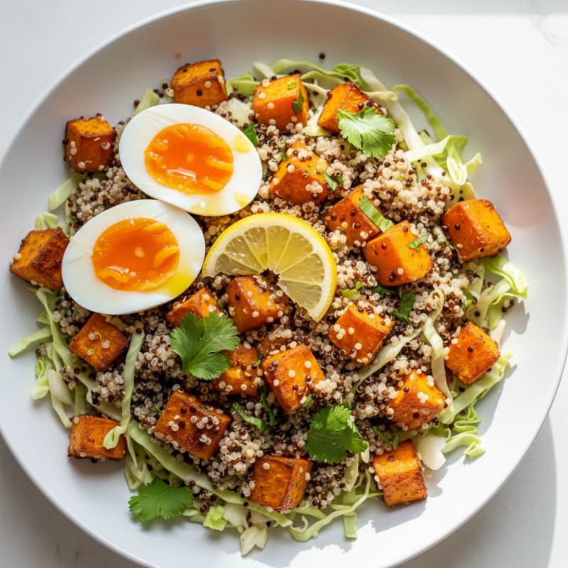 Roasted Sweet Potato and Quinoa Bowl with Boiled Eggs