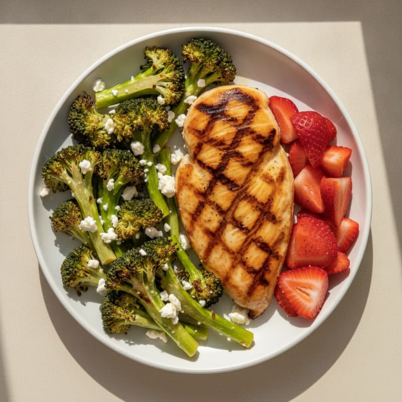 Grilled Chicken Breast with Roasted Broccoli and Feta Cheese