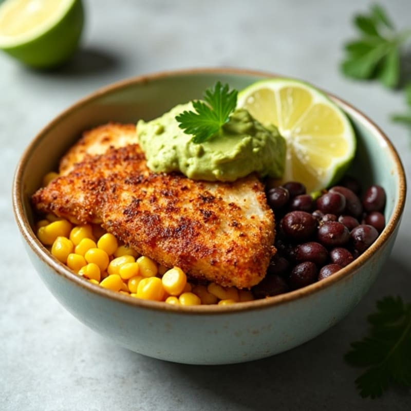 Crispy Lime Chicken and Black Bean Bowl with Roasted Corn and Creamy Avocado