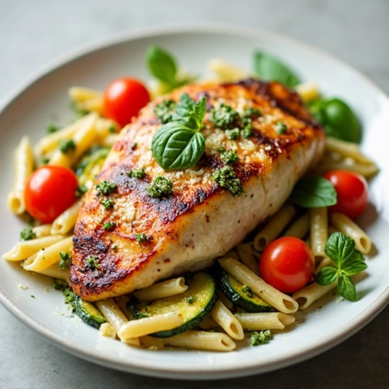 Chicken with Fresh Pesto Whole Wheat Pasta and Roasted Zucchini