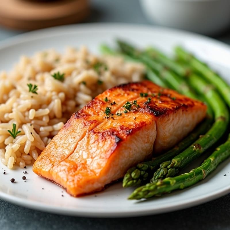 Seared Salmon with Steamed Asparagus and Brown Rice