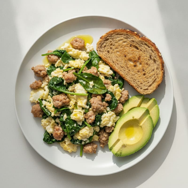 Scrambled Egg Whites with Turkey Sausage and Sautéed Spinach