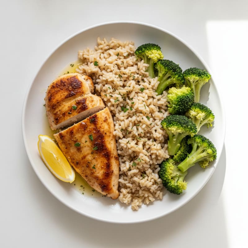 Seared Chicken Breast with Steamed Broccoli and Herbed Brown Rice