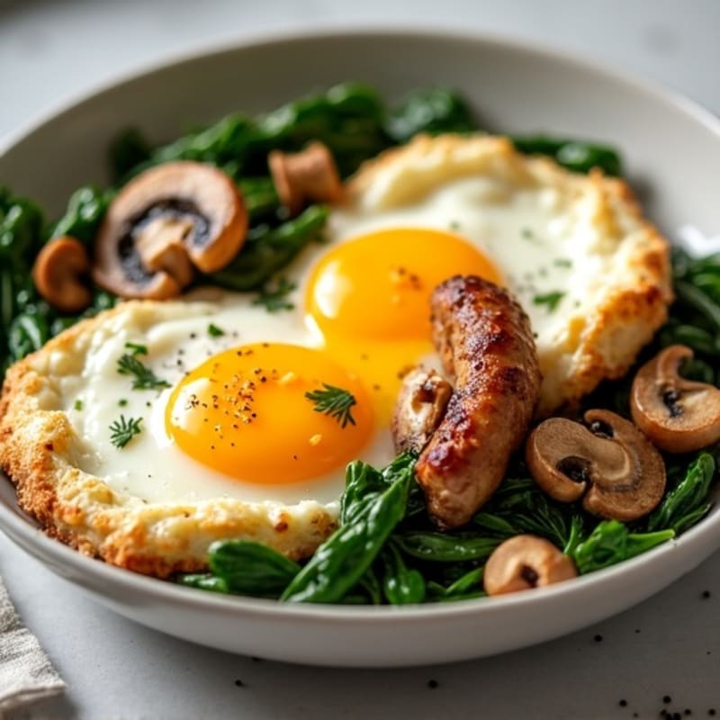 Fluffy Baked Eggs with Spinach, Mushrooms, and Chicken Sausage