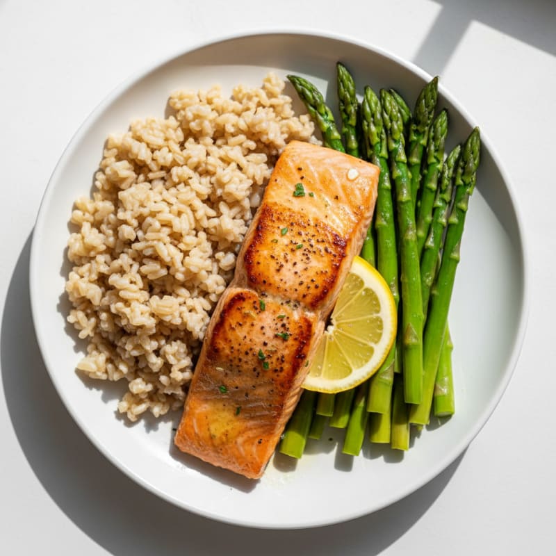 Seared Salmon with Steamed Asparagus and Brown Rice