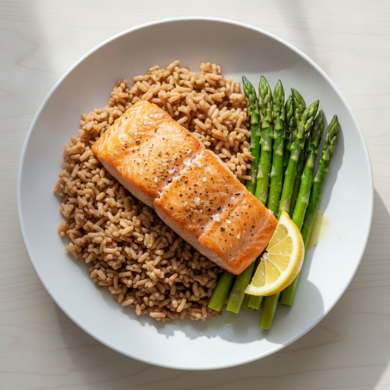 Seared Salmon Fillet with Steamed Asparagus and Brown Rice
