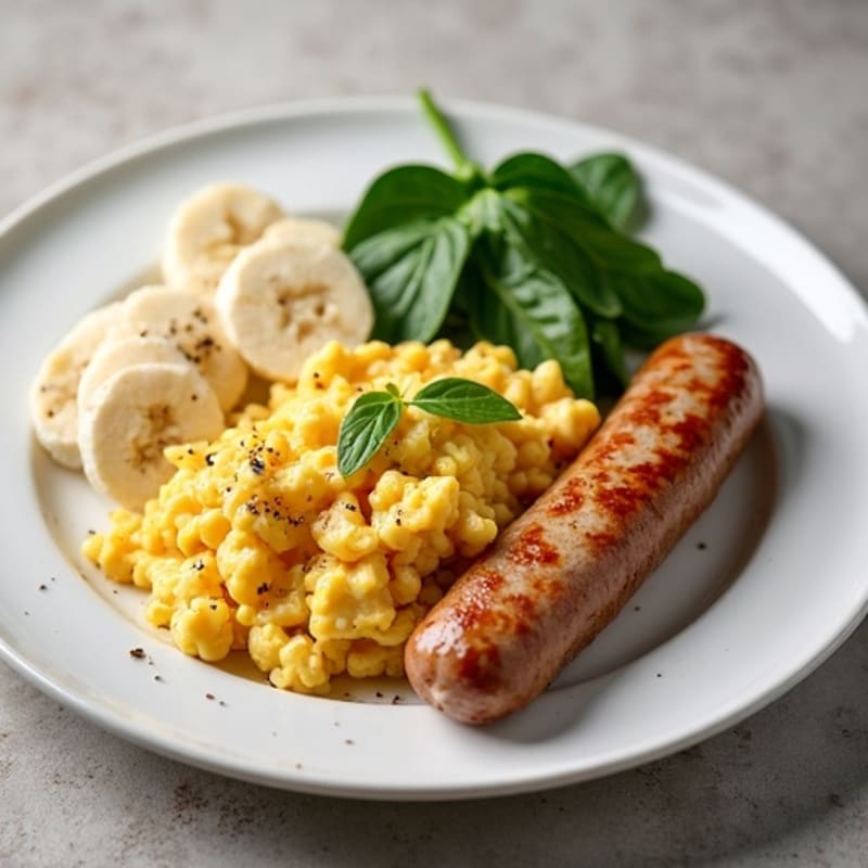 Egg White and Turkey Sausage Scramble with Cottage Cheese, Spinach, Oats, and Banana