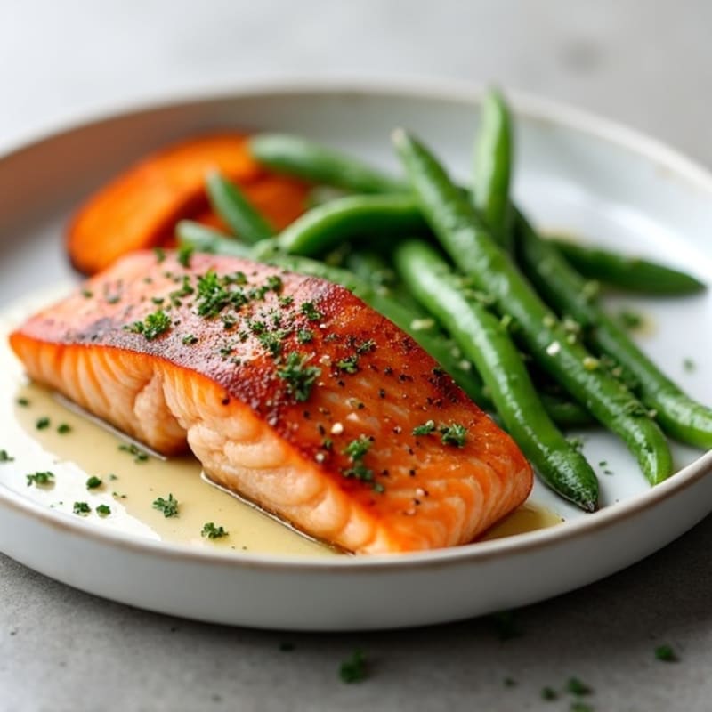 Seared Salmon with Garlic Green Beans and Roasted Sweet Potato