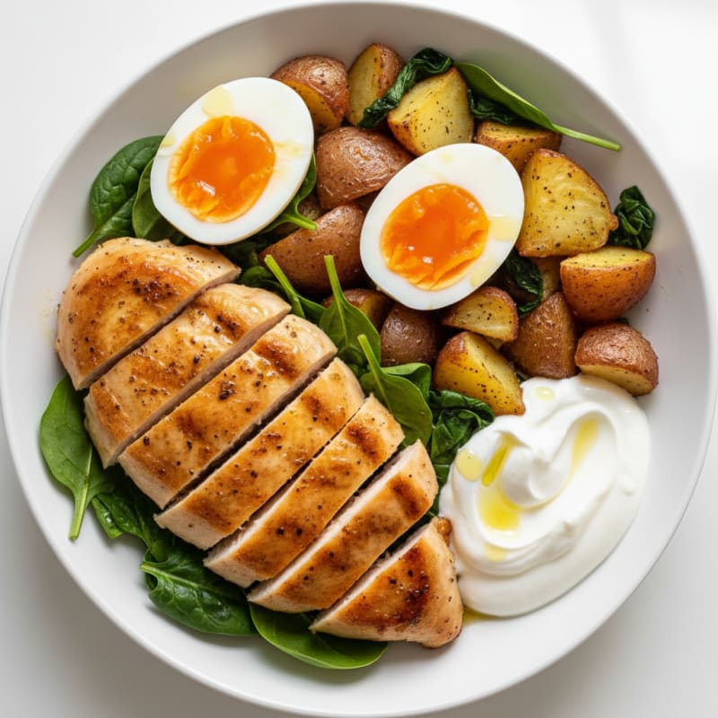 Grilled Chicken Egg Bowl with Roasted Potatoes and Greens