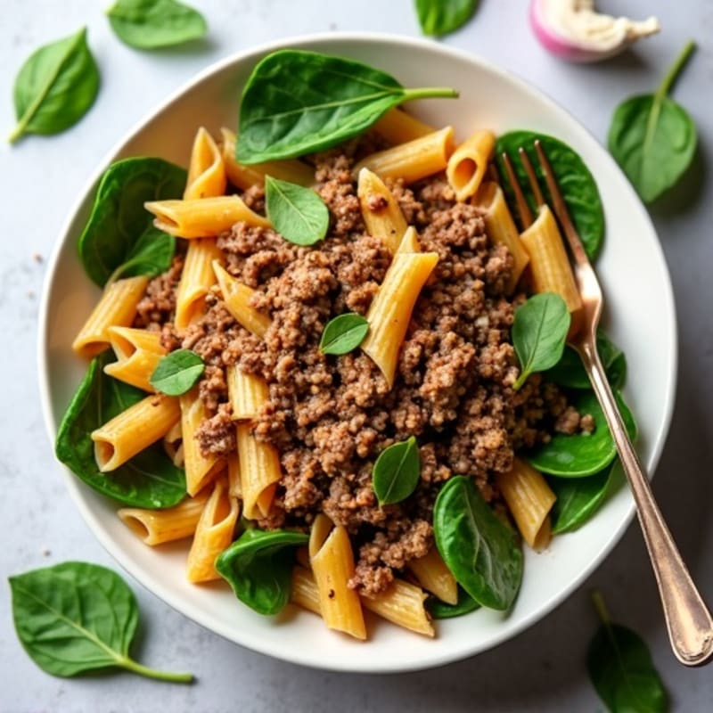 Hearty Lean Ground Beef and Turkey Whole Wheat Pasta with Fresh Spinach