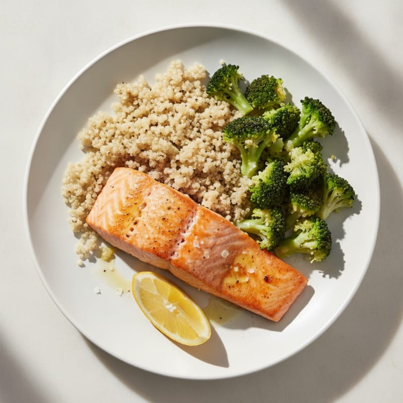 Seared Salmon with Steamed Broccoli and Quinoa