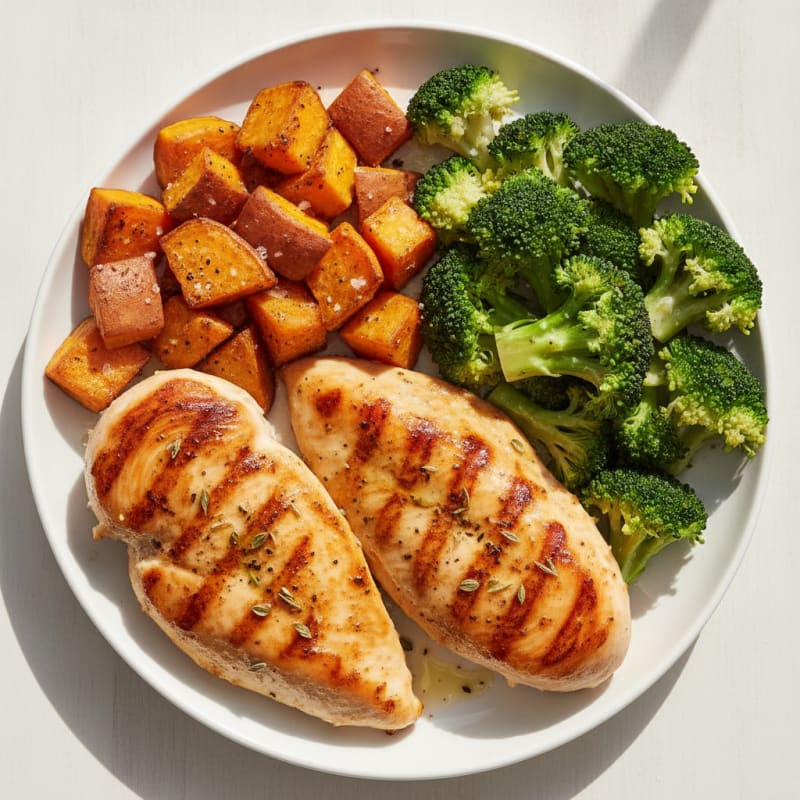 Grilled Chicken Breast with Roasted Sweet Potato and Steamed Broccoli