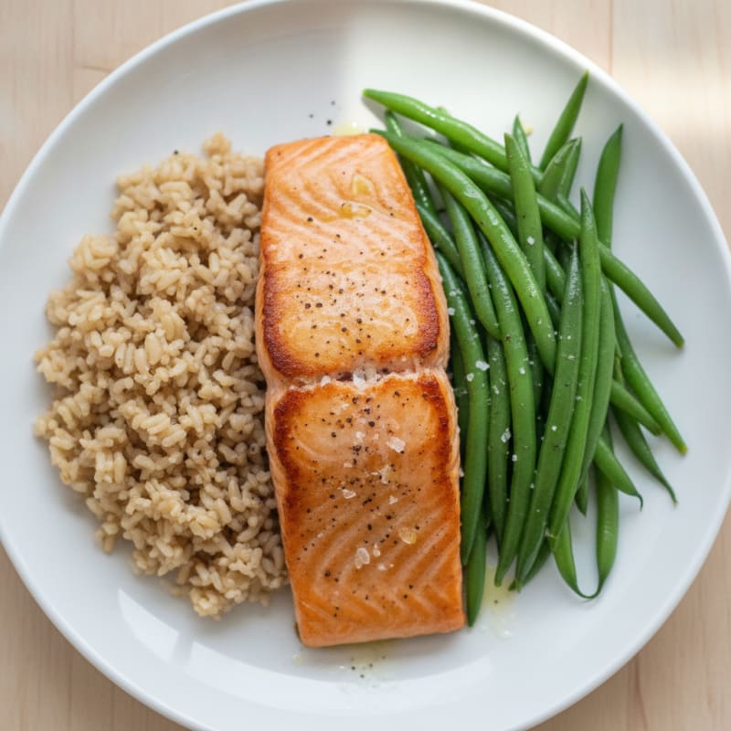 Seared Salmon Fillet with Steamed Green Beans and Brown Rice