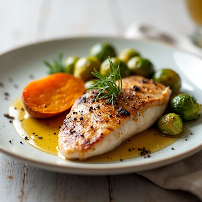 Seared Chicken Breast with Roasted Brussels Sprouts and Sweet Potato