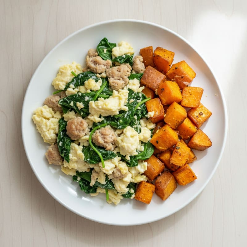 Egg White and Turkey Sausage Scramble with Spinach and Roasted Sweet Potatoes