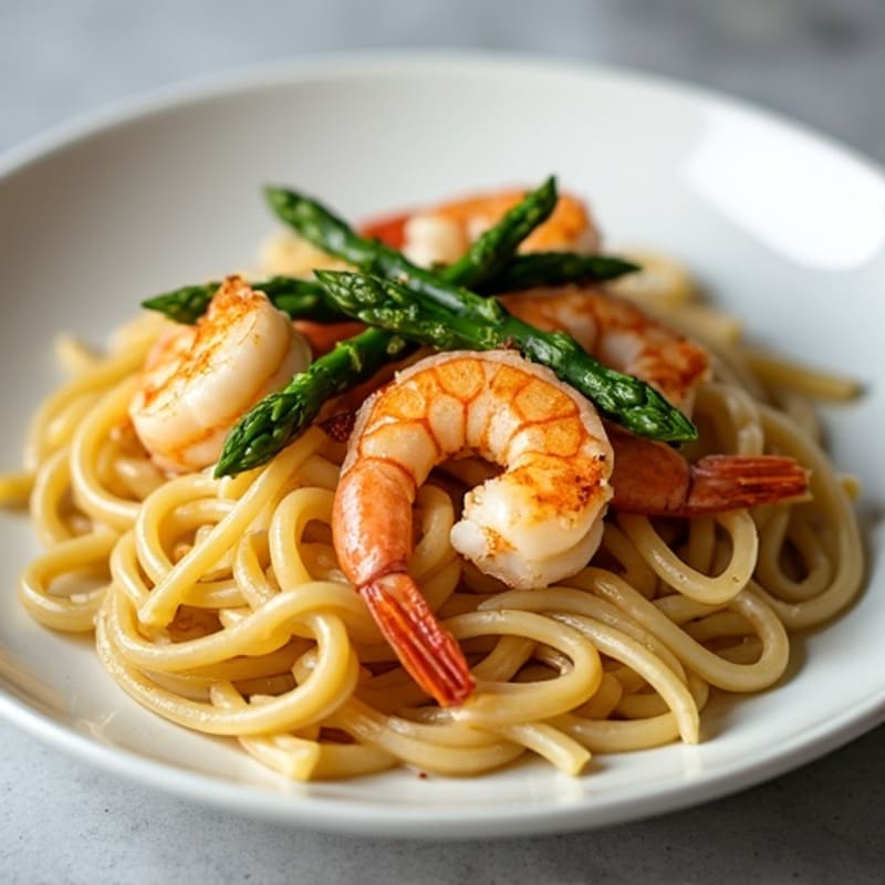 Lemon Garlic Shrimp Whole Wheat Pasta with Crispy Asparagus